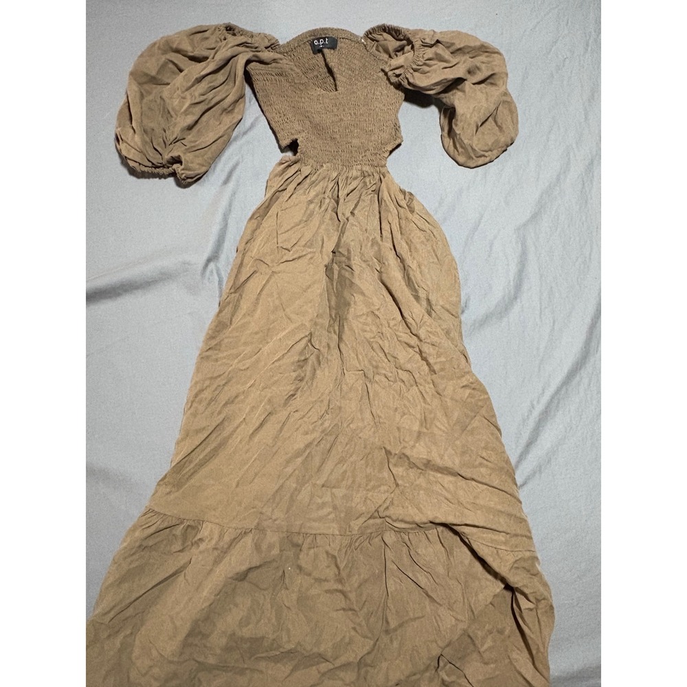 o.p.t. Brown Smocked Puff Sleeve Cutout Maxi Dress Tencel‎ Linen Blend Womens M